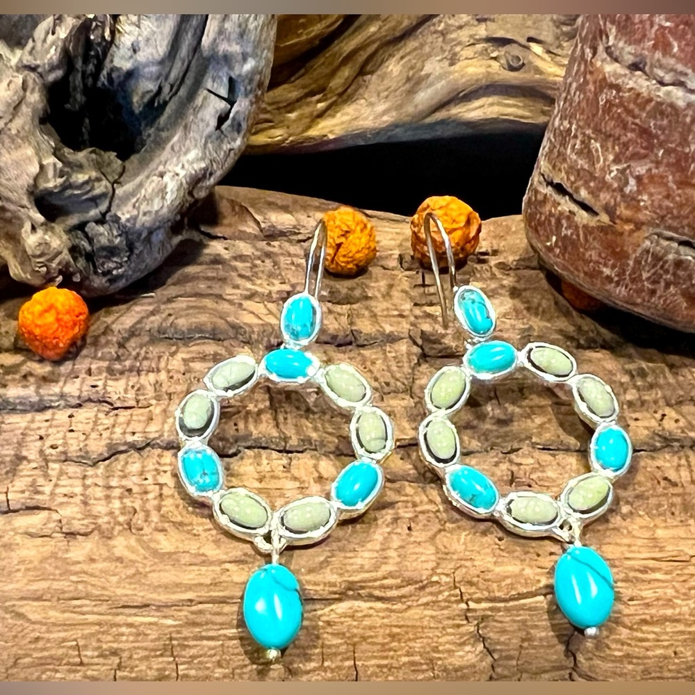 Signed MONET Hooks Earrings Green Blue Turquoise Costume Jewelry Silver tone 2”